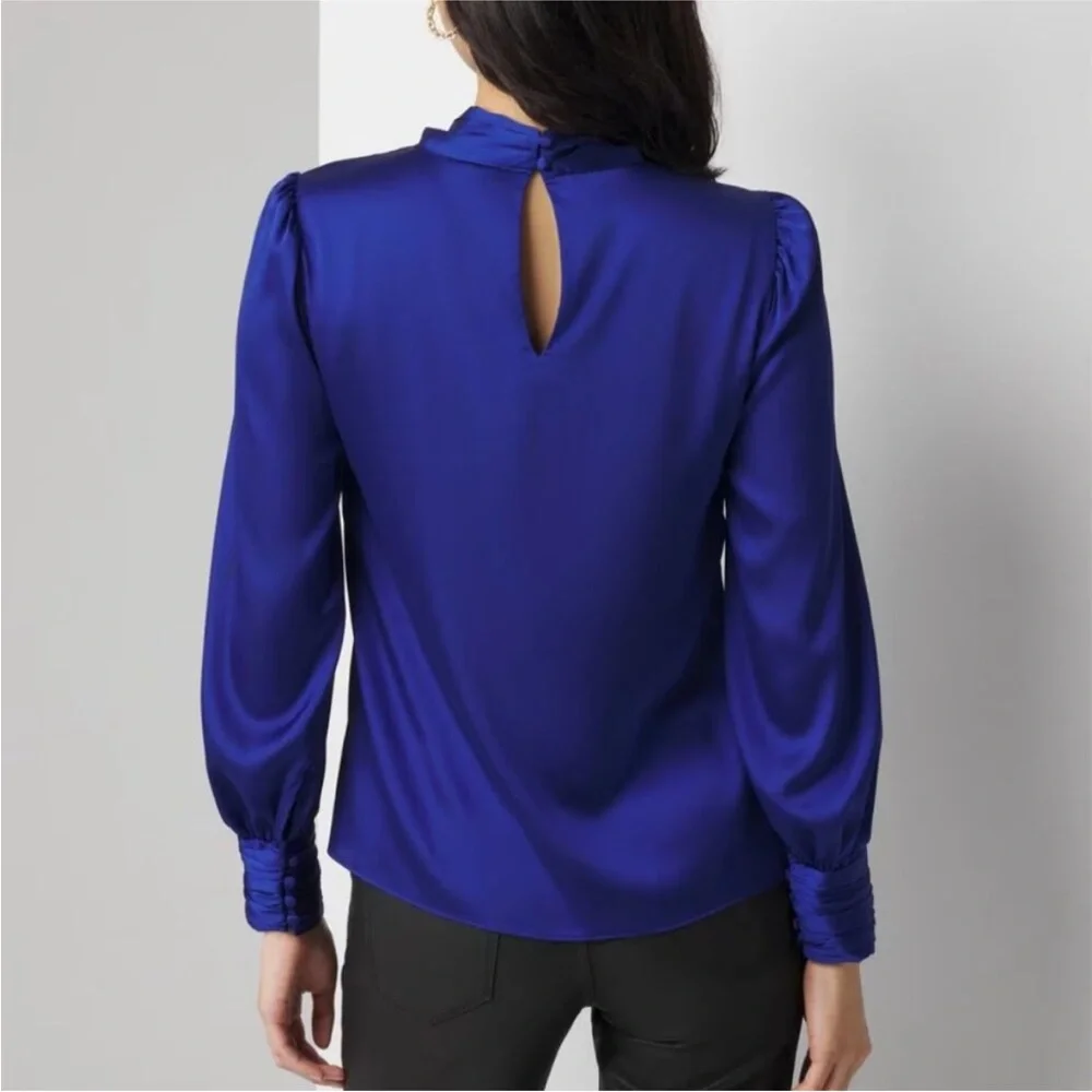 WHBM Chic Royal Blue Long Sleeve Twisted Neck Satin Blouse size 4 - Picture 4 of 15